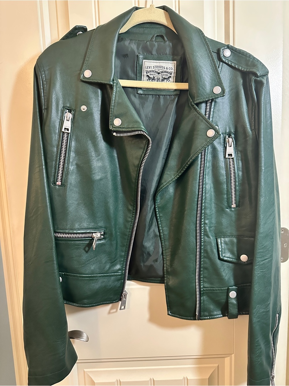 Levi's Women's Forest Green Faux Leather Moto Jacket with Silver Hardware